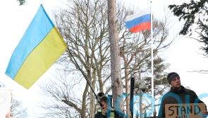 Crowds protest outside Russian Embassy marking one month since Ukraine invasion