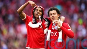 Nottingham Forest players celebrate the club&rsquo;s return to the Premier League