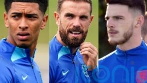 England trio Jude Bellingham, Jordan Henderson and Declan Rice train indoors