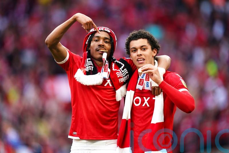 Nottingham Forest players celebrate the club&rsquo;s return to the Premier League