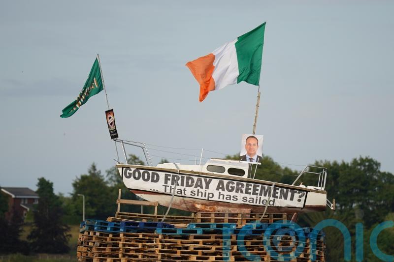 Irish flag and poster of Taoiseach Leo Varadkar placed on loyalist bonfire